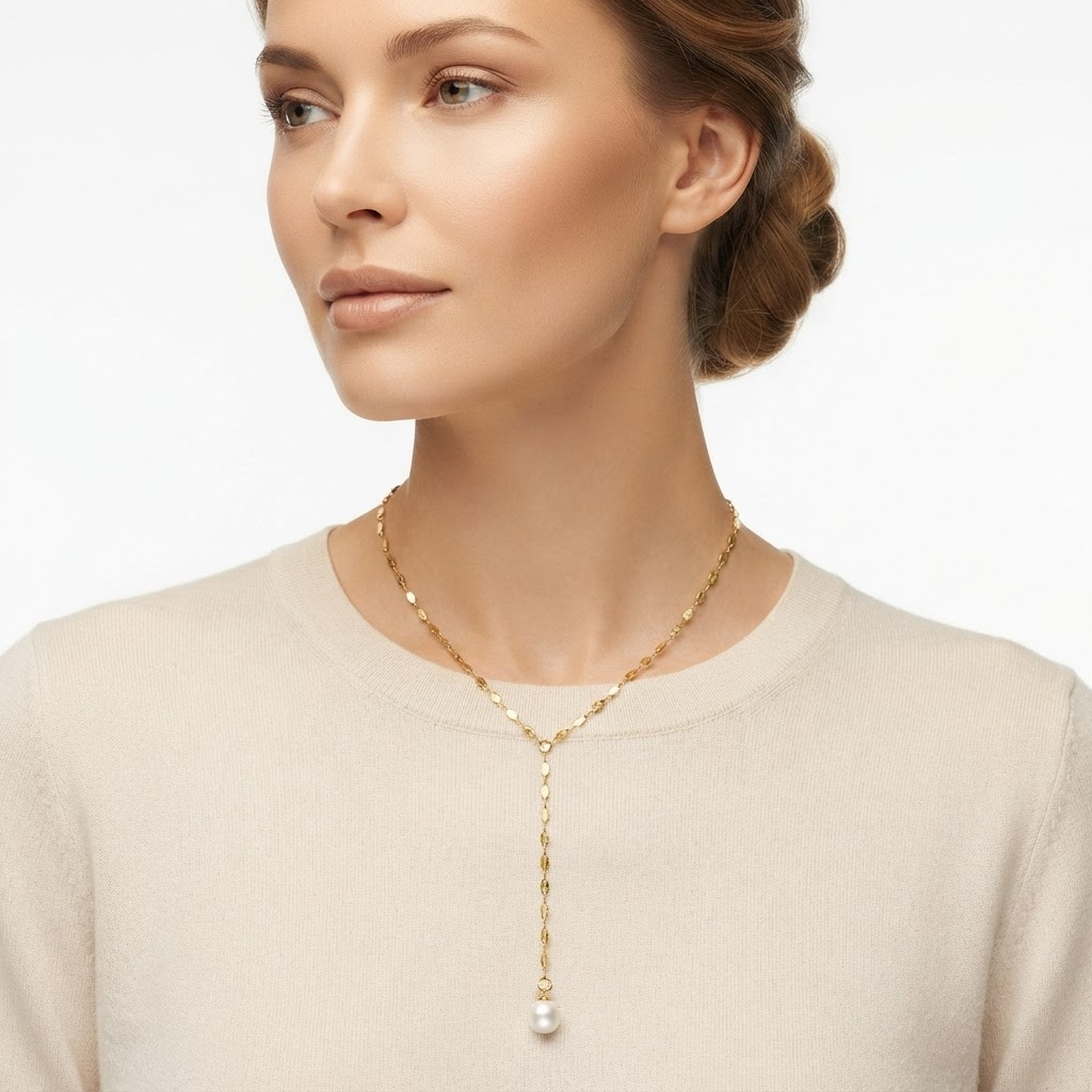 Woman wearing gold-toned Y-lariat necklace with faux pearl drop pendant - elegant Y-drop pearl necklace styling photo - luxury jewelry lifestyle photography
