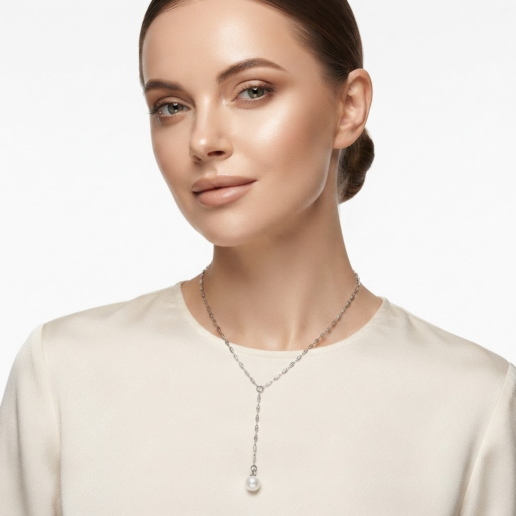 Woman wearing silver-toned Y-lariat necklace with faux pearl drop pendant - elegant Y-drop pearl necklace styling photo - luxury jewelry lifestyle photography
