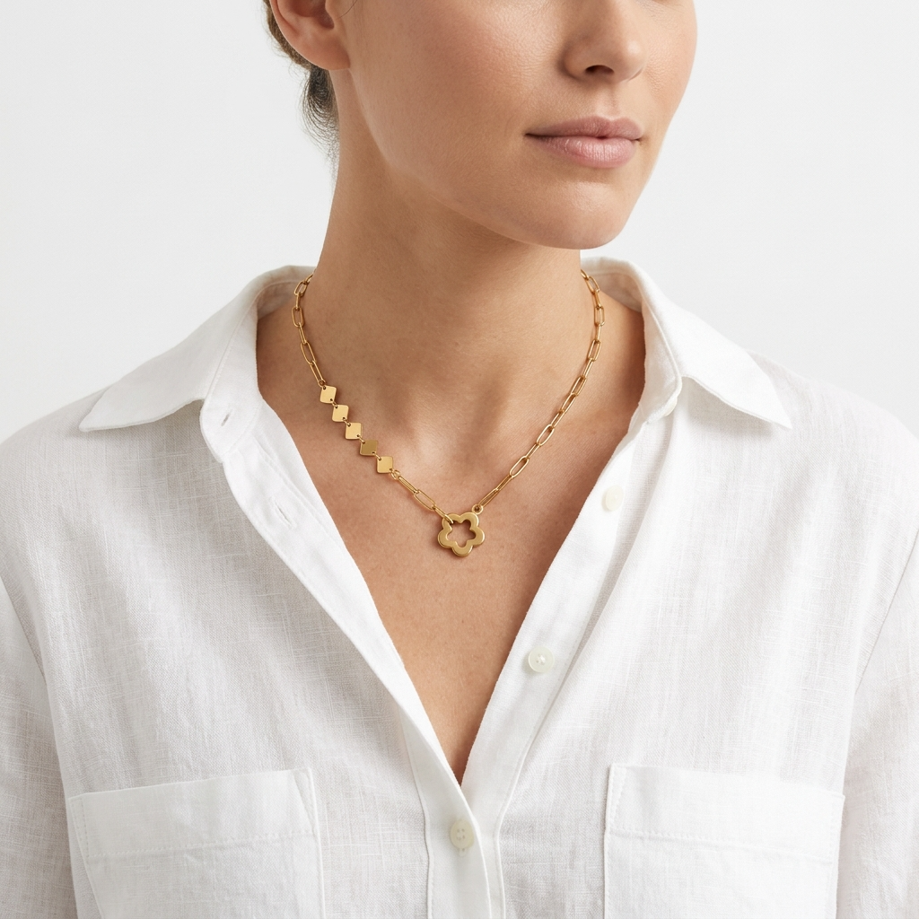 Open clover pendant paperclip chain necklace in gold  color stainless steel – Velara-Model wearing