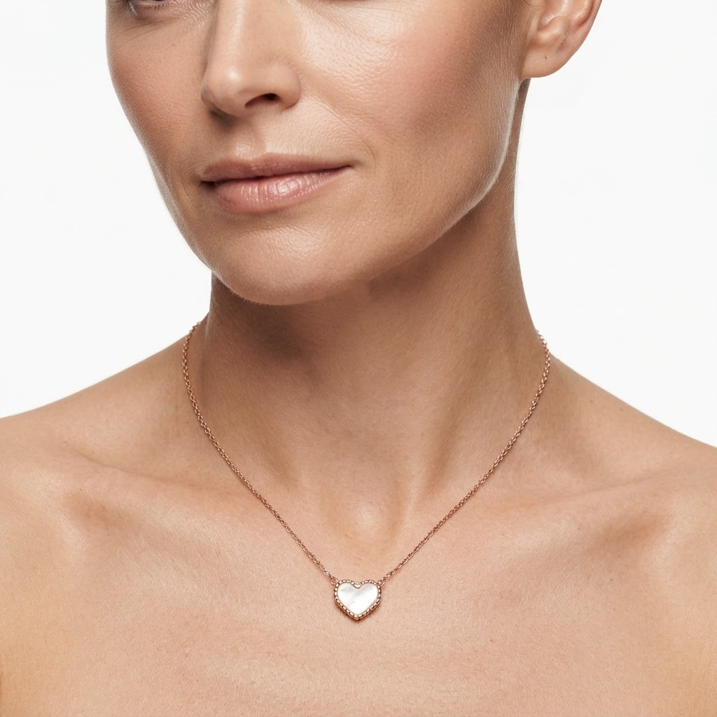 Woman wearing rose gold-toned delicate chain necklace with iridescent mother-of-pearl heart pendant – elegant pearlescent heart necklace styling photo – luxury jewelry lifestyle photography