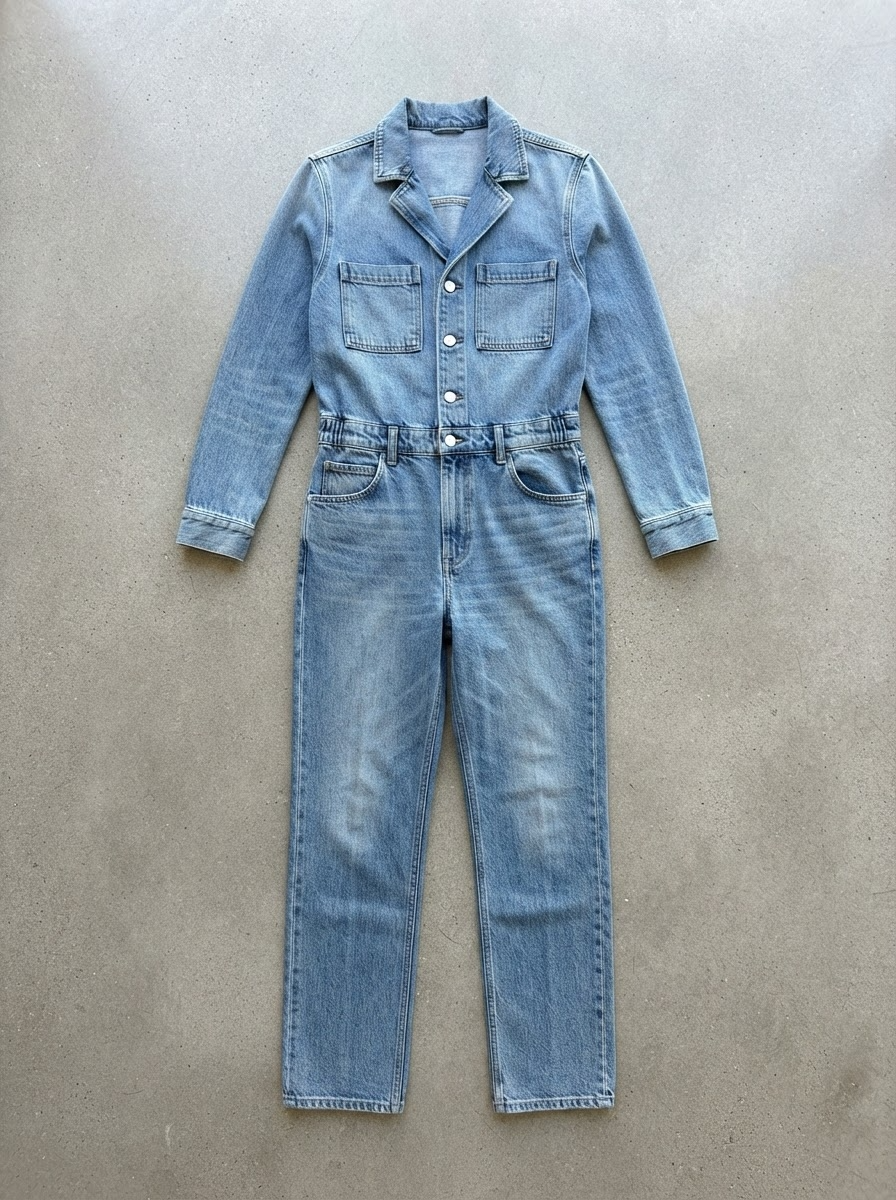 Vintage blue denim jumpsuit with notched collar and straight leg detail shot - Velara UK