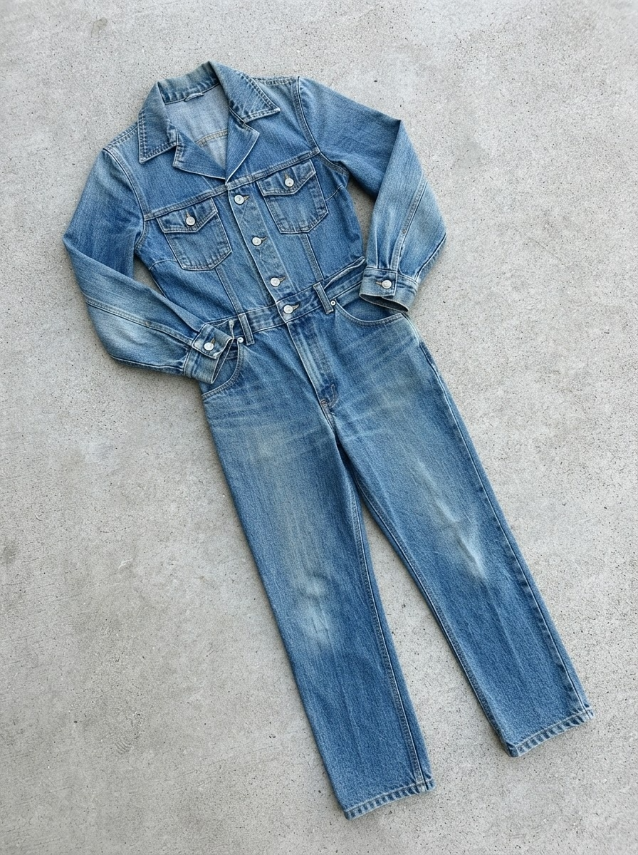 Medium blue denim utility jumpsuit with belt loops and front pockets overhead view - Velara UK