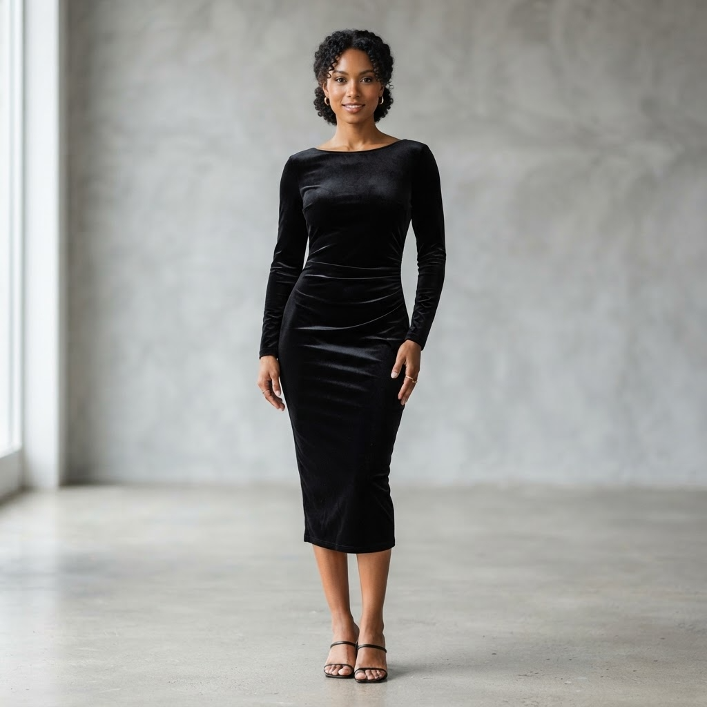 Elegant black velvet bodycon midi dress with boat neckline, long sleeves and ruched detailing - Velara UK