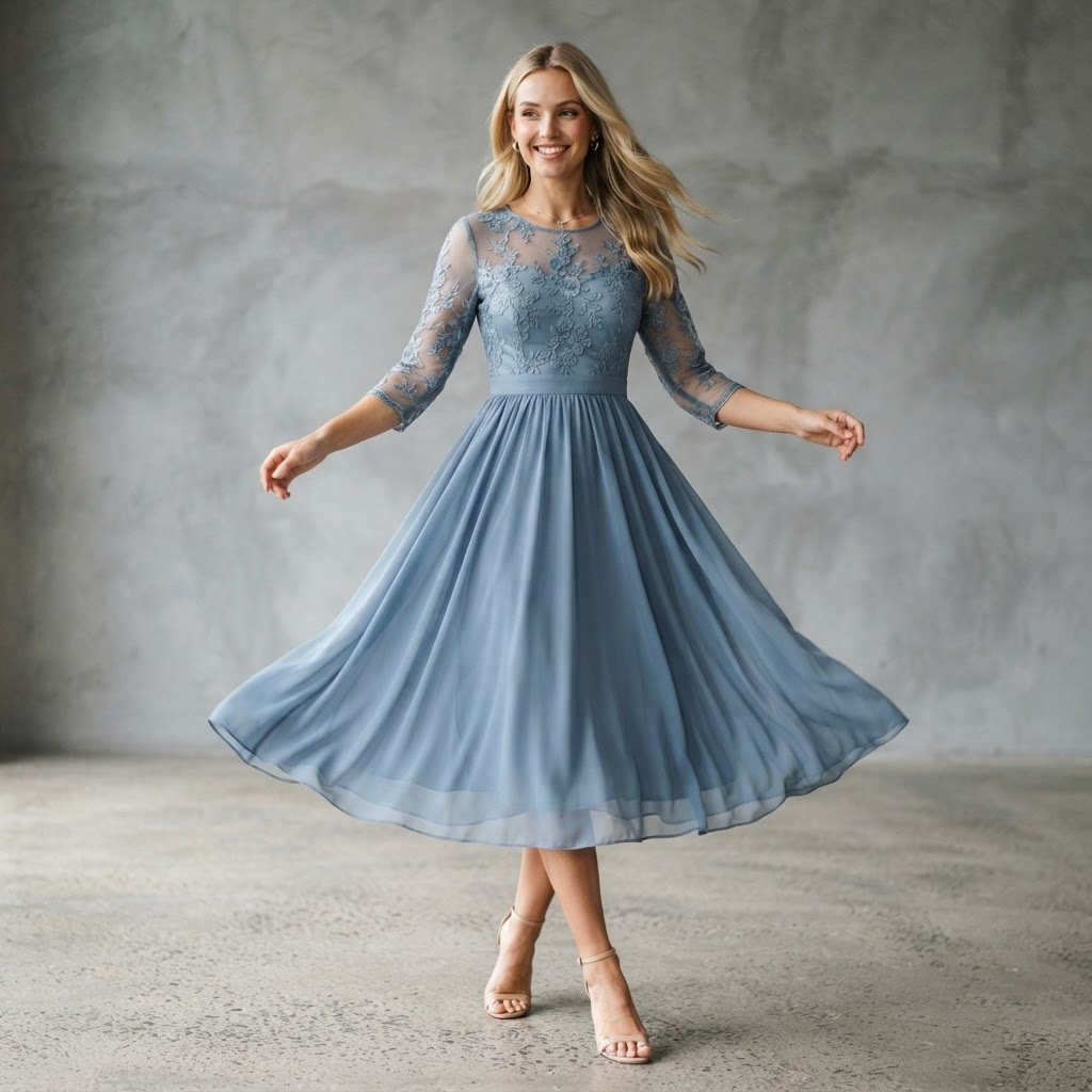 Dusty blue midi dress with sheer lace embroidered bodice and three-quarter sleeves twirling - Velara UK