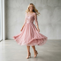 Dusty rose pink midi dress with romantic lace embroidered bodice and flowing chiffon skirt - Velara UK