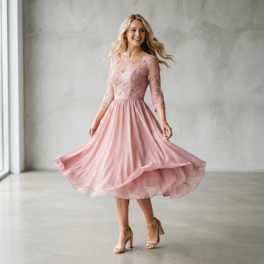 Dusty rose pink midi dress with romantic lace embroidered bodice and flowing chiffon skirt - Velara UK