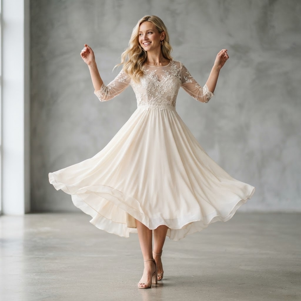 Ivory champagne midi dress with delicate lace bodice and illusion sleeves flowing elegantly - Velara UK