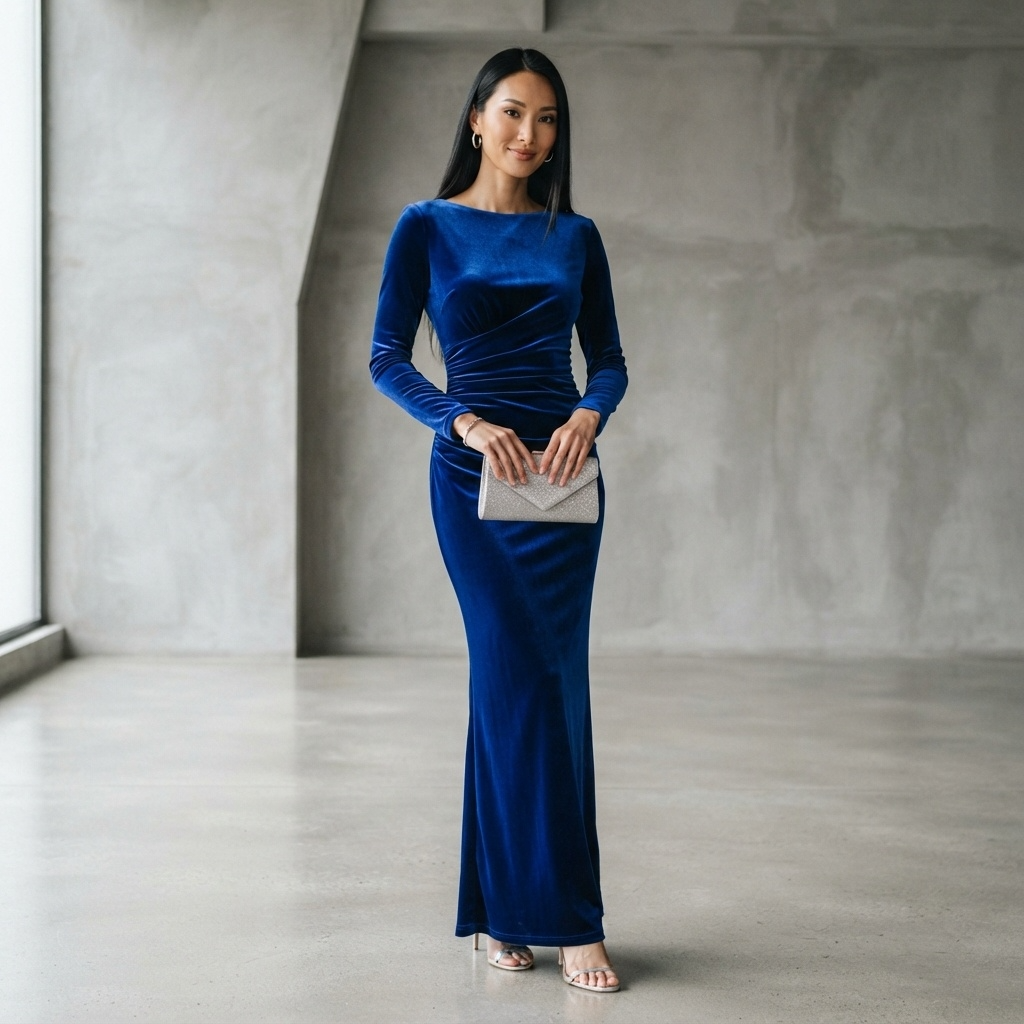 Luxurious royal blue velvet bodycon maxi dress with ruched waist and long sleeves - Velara UK