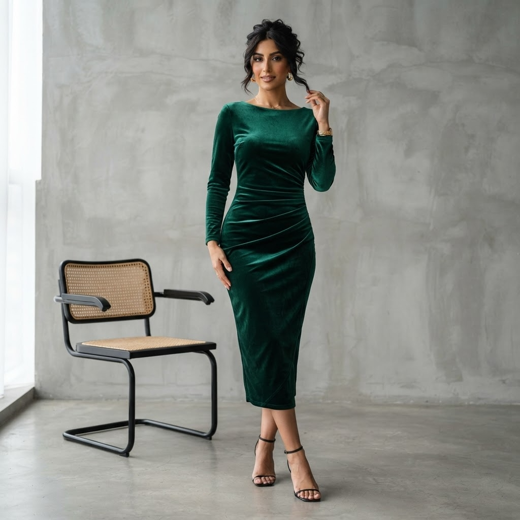 Stunning emerald green velvet bodycon midi dress with sophisticated ruched side detailing - Velara UK