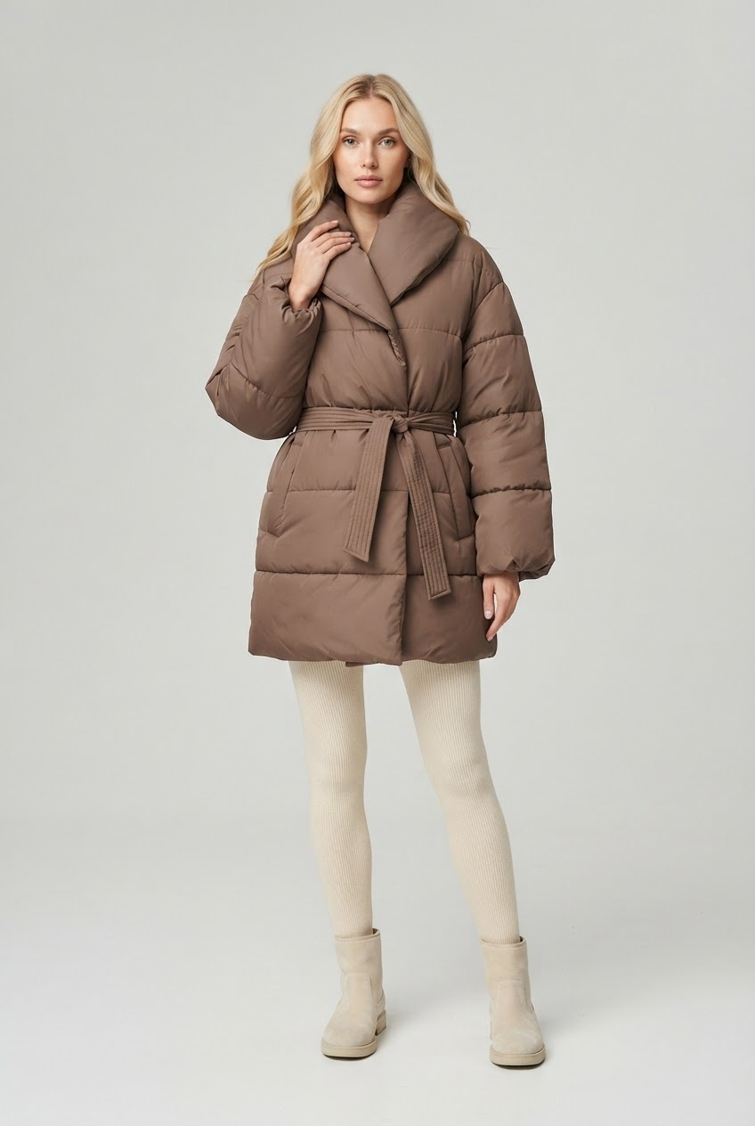 Brown oversized puffer jacket with pillow collar and self-tie belt front view - Velara UK