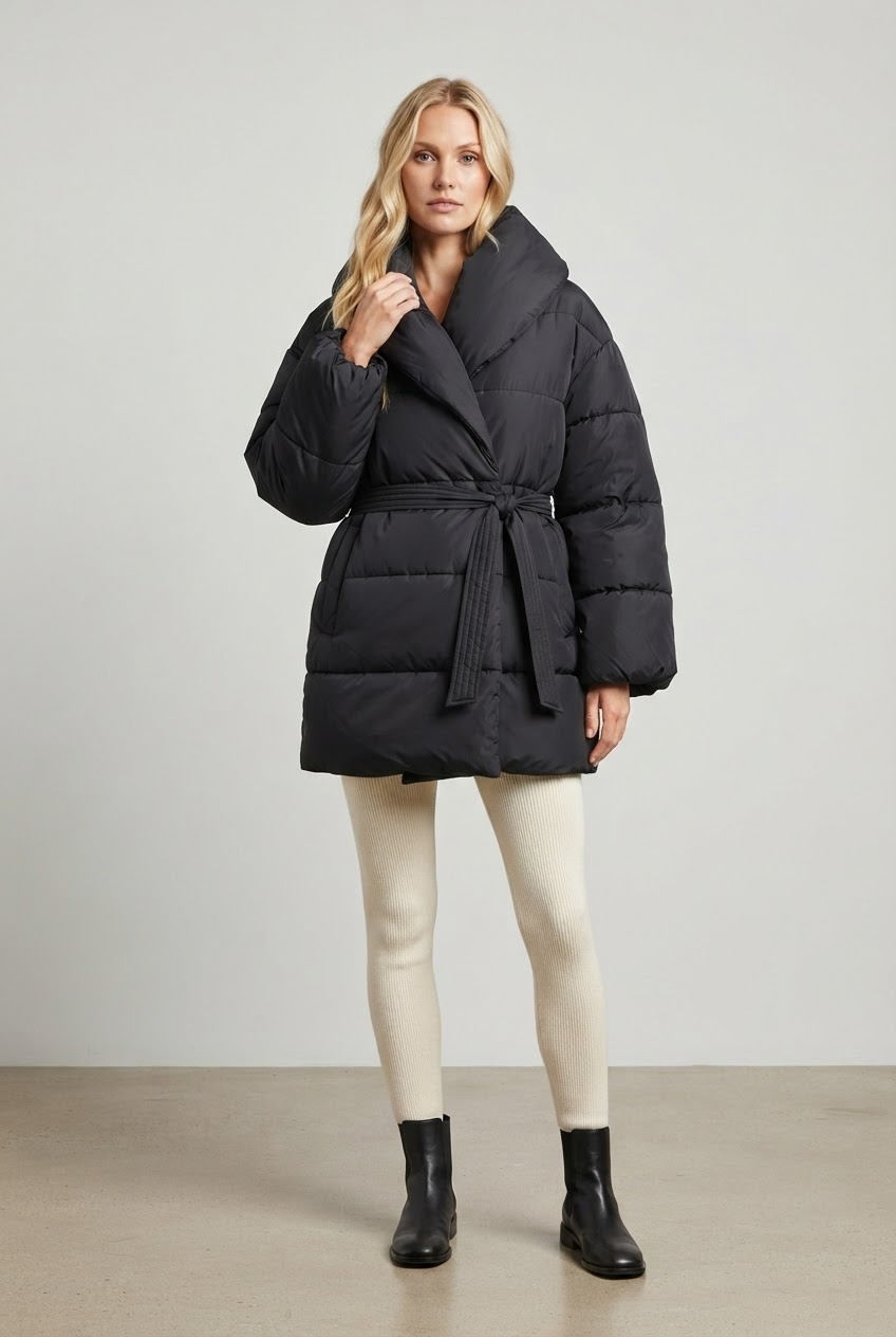 Black oversized puffer jacket with dramatic pillow collar and belt front view - Velara UK
