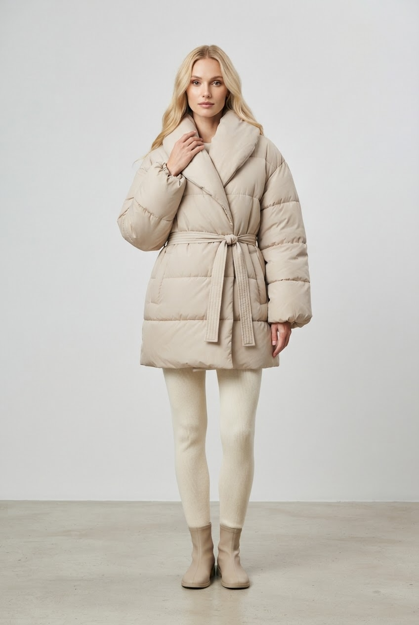 Beige oversized puffer jacket with pillow collar and wrap-style closure front view - Velara UK
