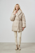 Beige oversized puffer jacket with pillow collar and wrap-style closure front view - Velara UK