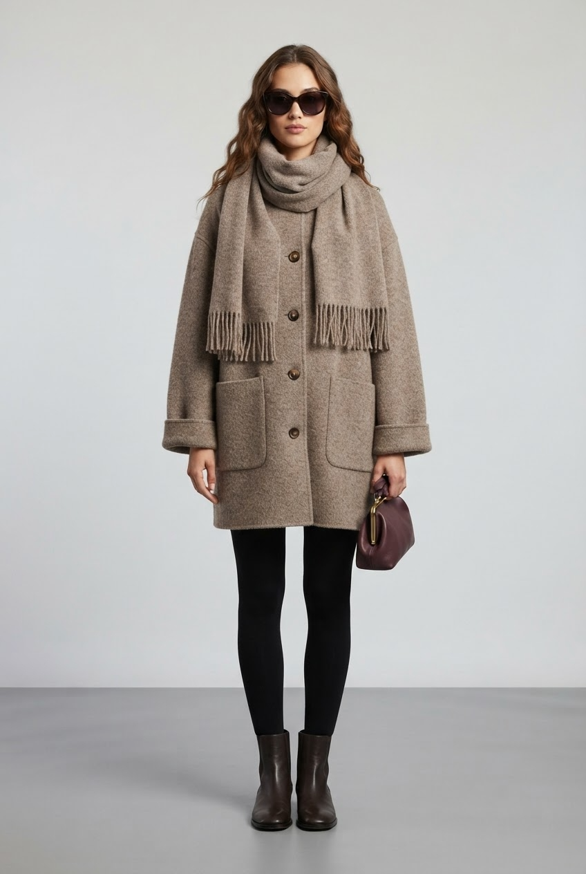 Warm taupe knit coat and matching scarf set with button front closure front view - Velara UK