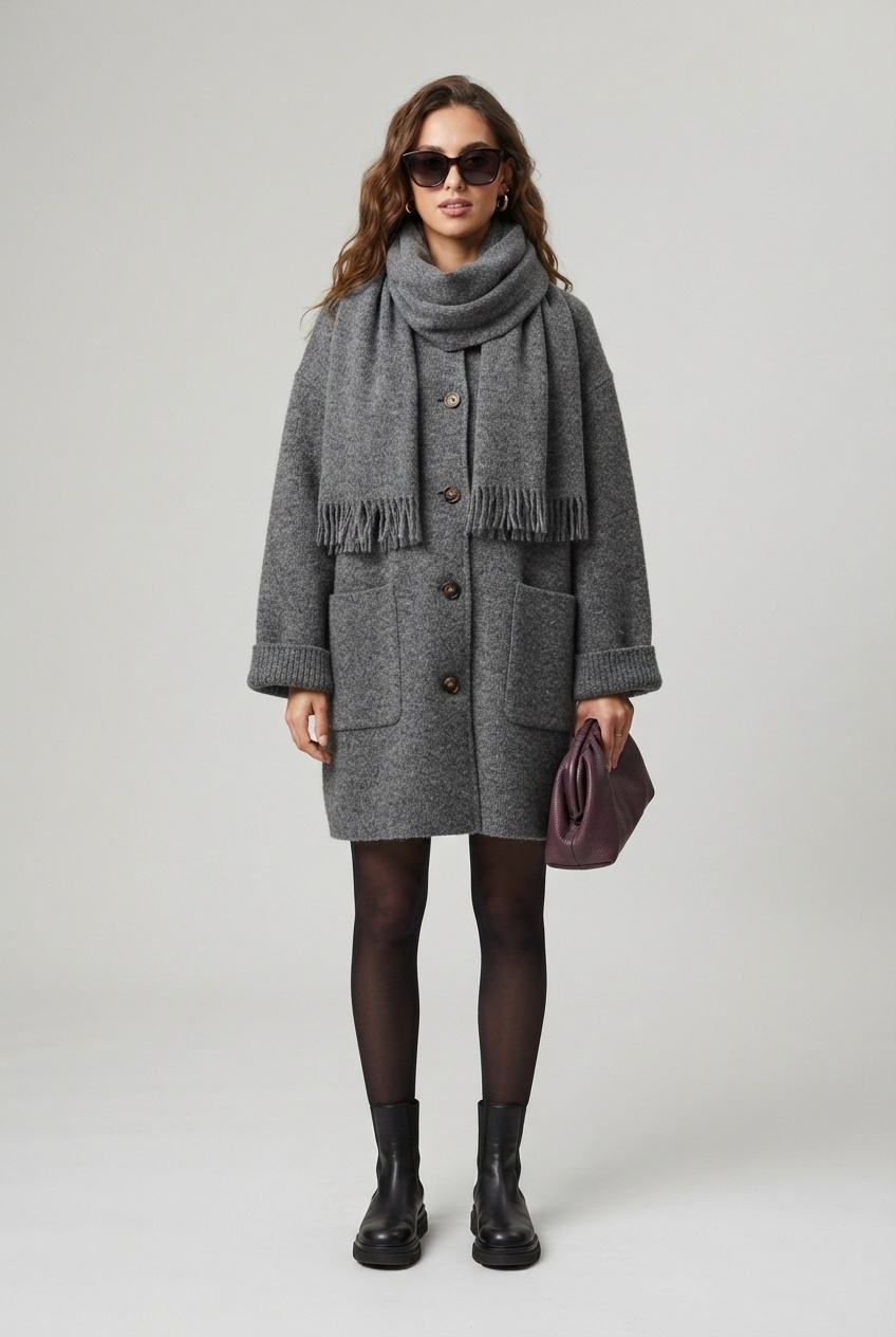 Heathered grey knit coat and matching scarf set with patch pockets front view - Velara UK