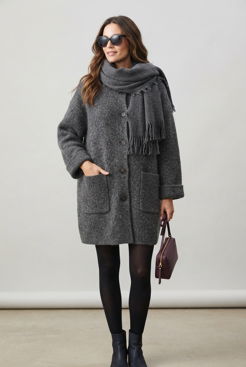 Grey oversized knit coat with rolled cuffs and fringed scarf three quarter view - Velara UK