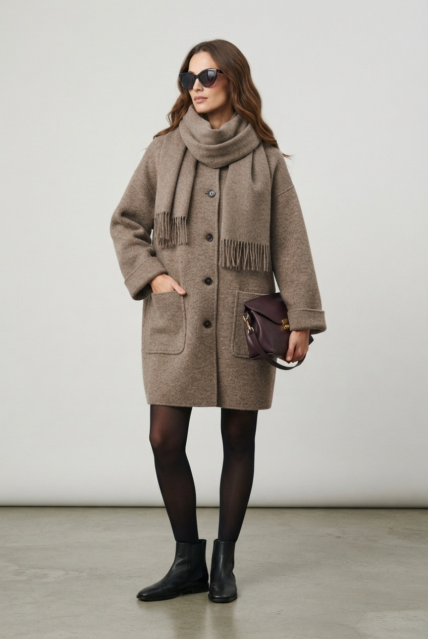 Taupe oversized knit coat with patch pockets and fringed scarf three quarter view - Velara UK