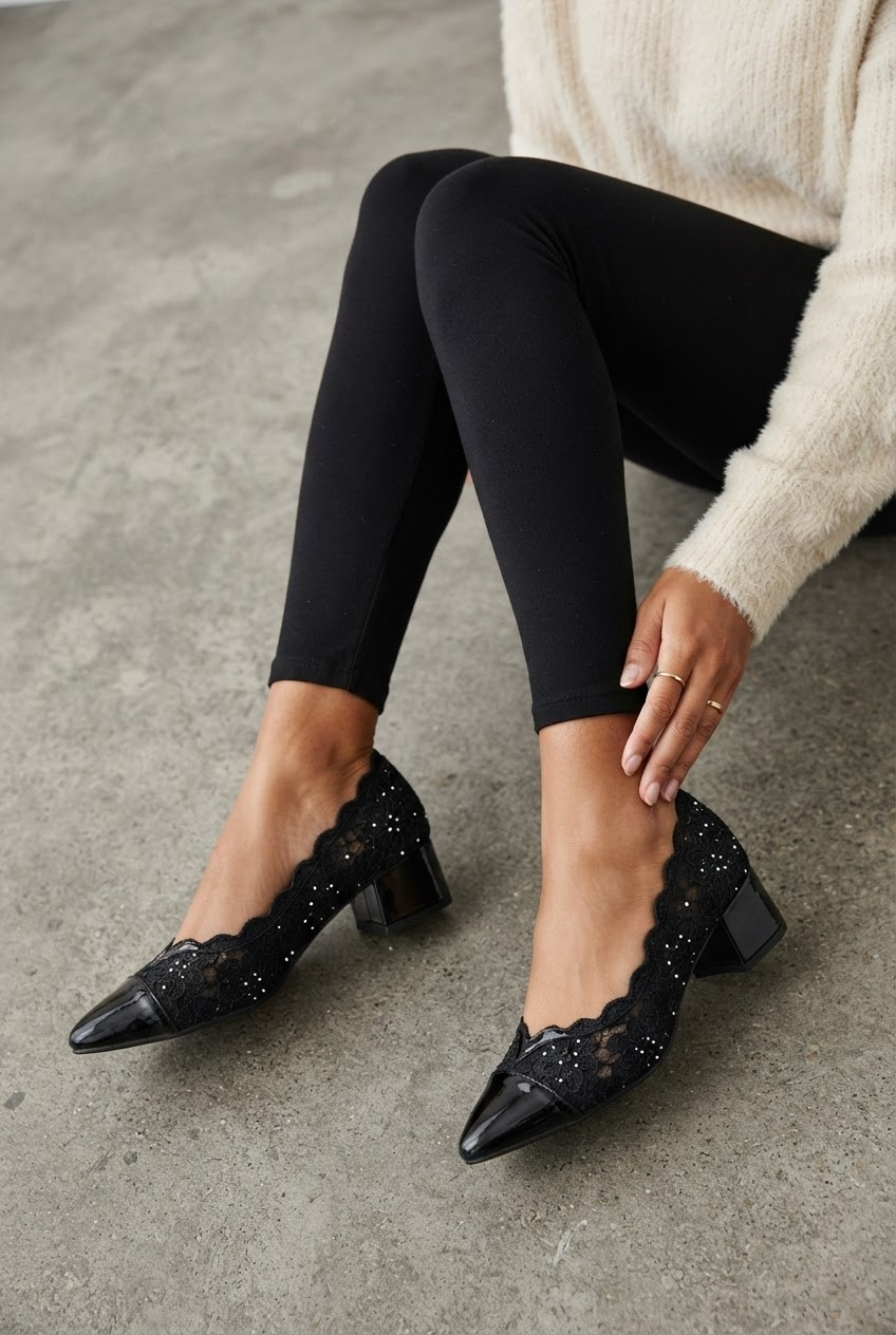 Black lace rhinestone pointed toe pumps styled with black leggings lifestyle view - Velara UK