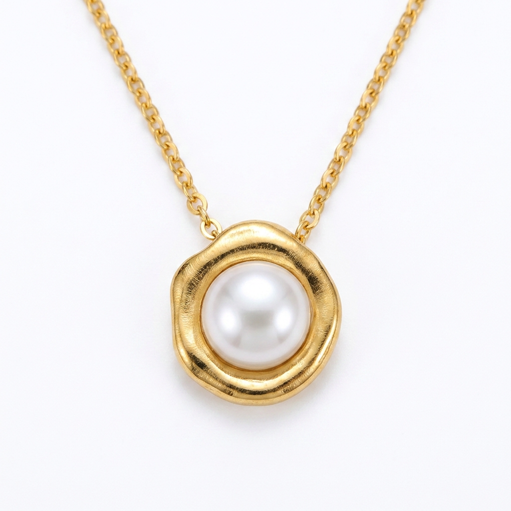 Close-up of gold color stainless steel faux pearl flower pendant necklace – Velara
