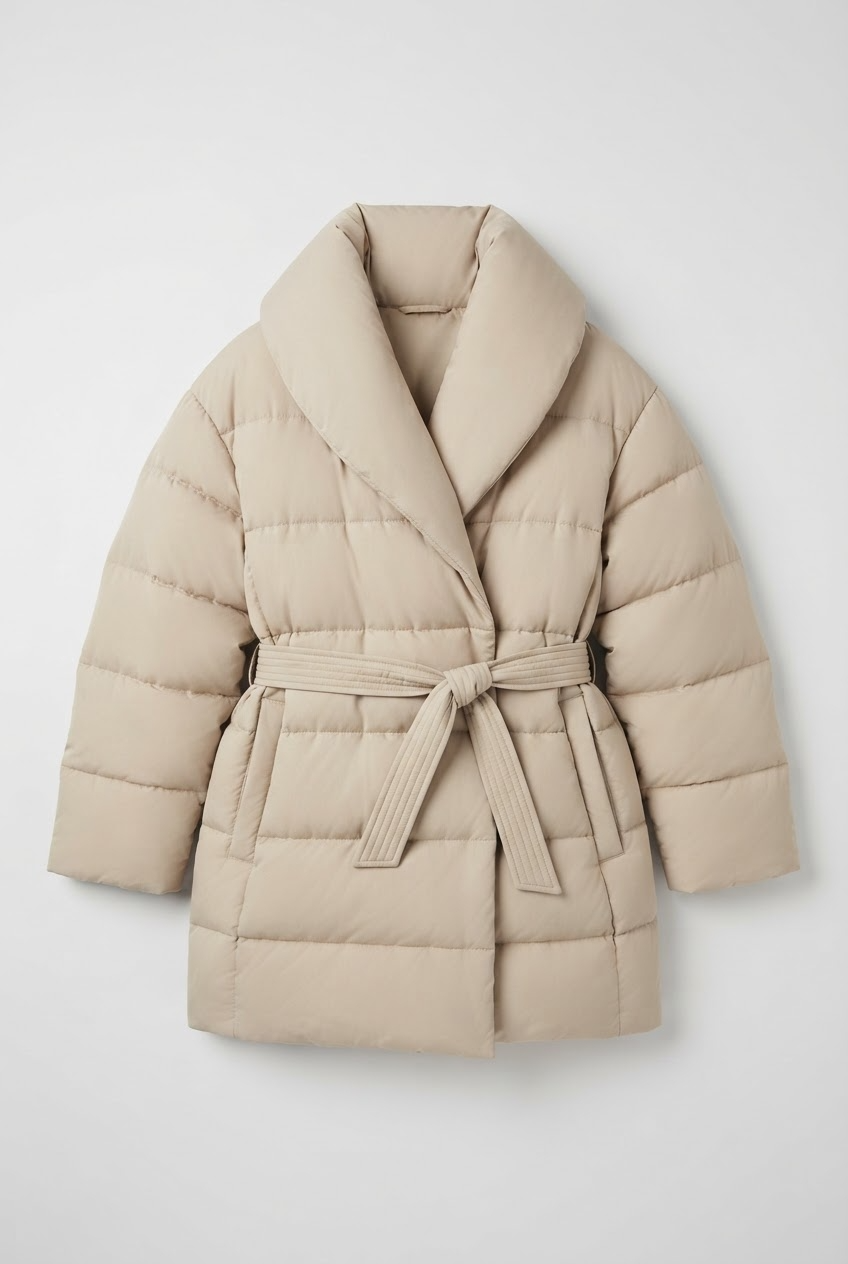 Beige oversized puffer jacket with wide channel quilting and self-tie belt flatlay - Velara UK