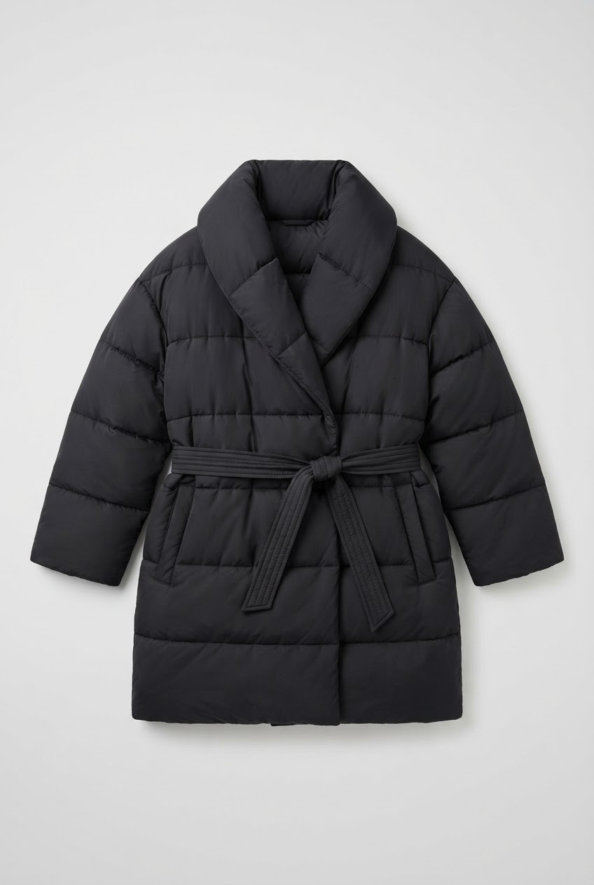 Black oversized puffer jacket with horizontal quilting and wrap closure flatlay - Velara UK