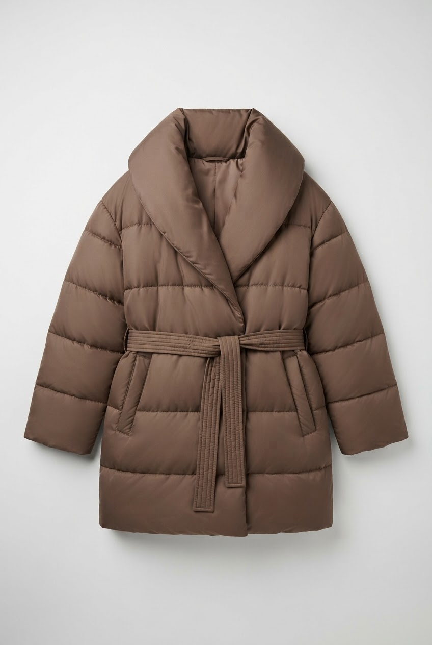 Brown oversized puffer jacket with horizontal quilting and pillow collar product flatlay - Velara UK