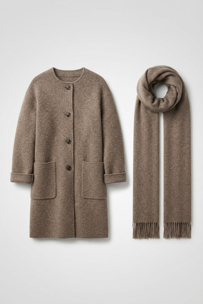 Warm taupe heathered knit coat and scarf matching set product flatlay - Velara UK