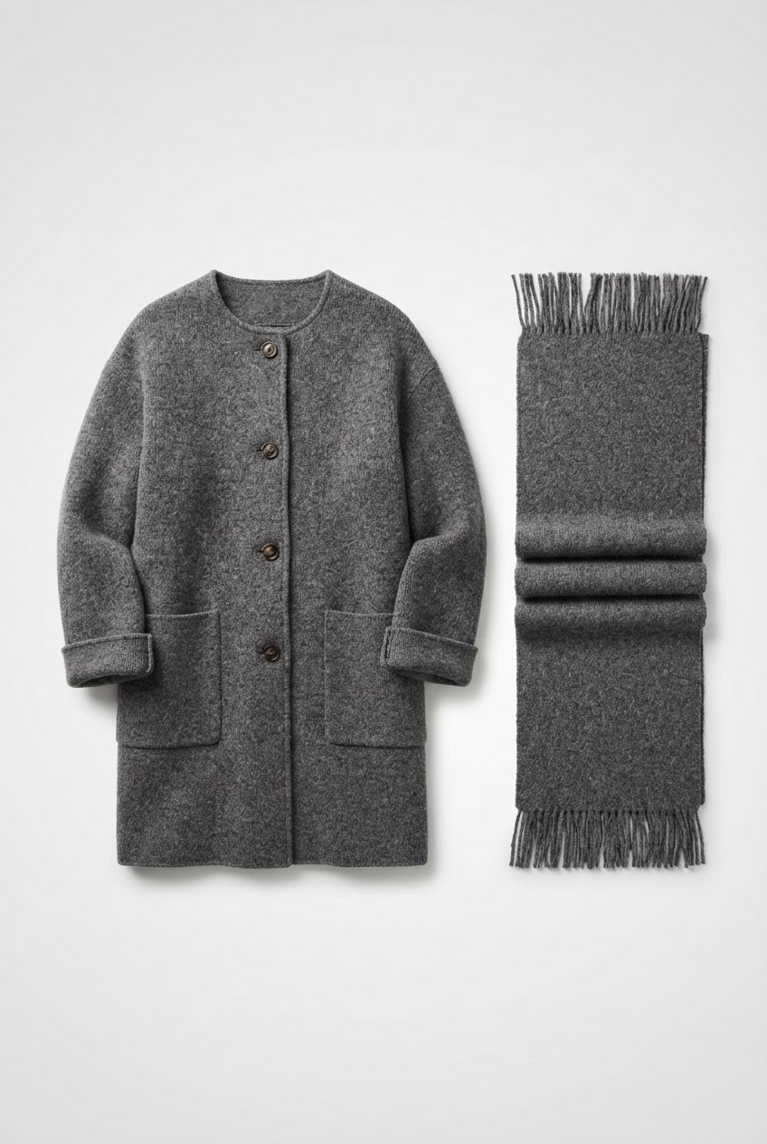 Heathered grey knit coat and scarf matching set product flatlay - Velara UK