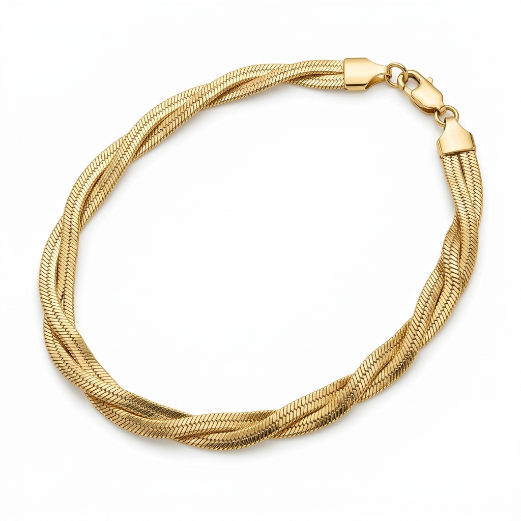 Gold color stainless steel twisted herringbone chain necklace full view – Velara
