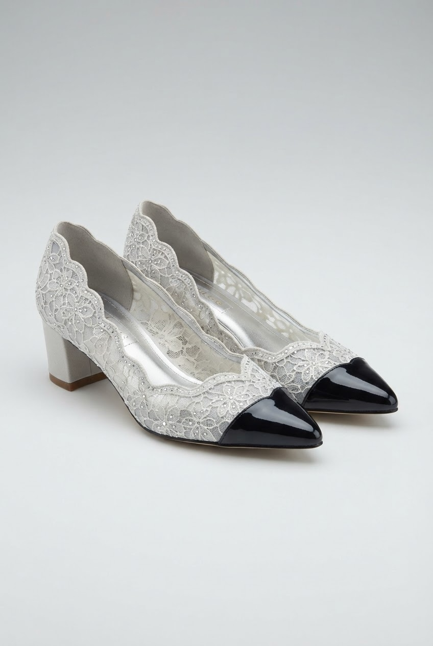 White lace pointed toe pumps with rhinestone details and black patent toe cap - Velara UK