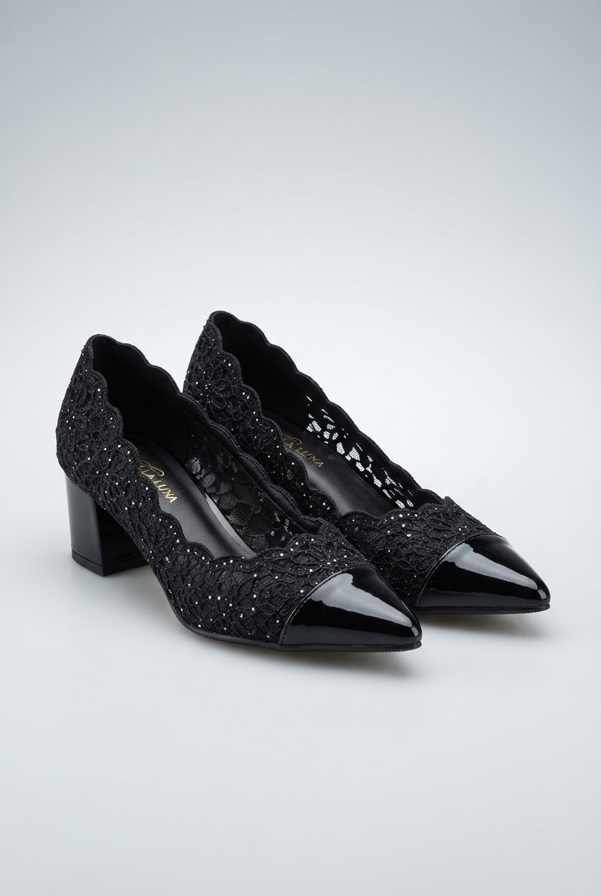"Black lace pointed toe pumps with rhinestone sparkle and patent leather toe cap - Velara UK