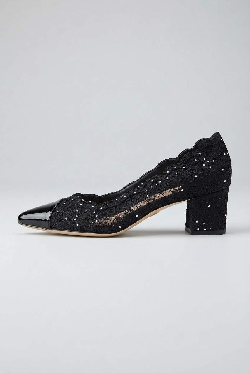 Black floral lace low block heel pump with scalloped collar and glossy toe cap side view - Velara UK