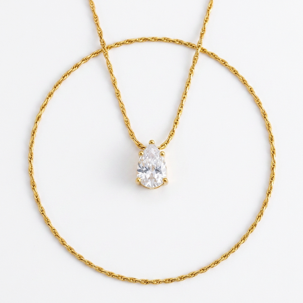 Dainty teardrop zirconia pendant necklace in gold color stainless steel – Velara- Frontside with Teardrop