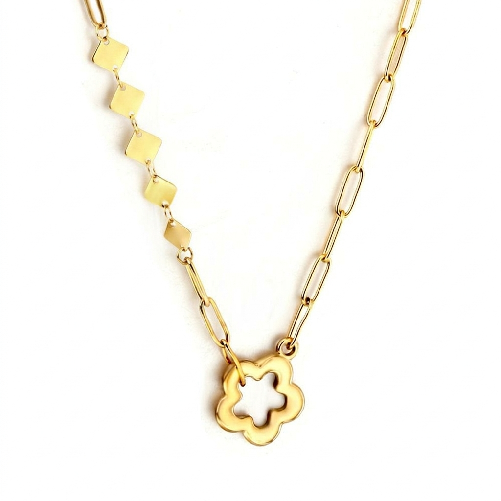Open clover pendant paperclip chain necklace in gold color stainless steel – Velara