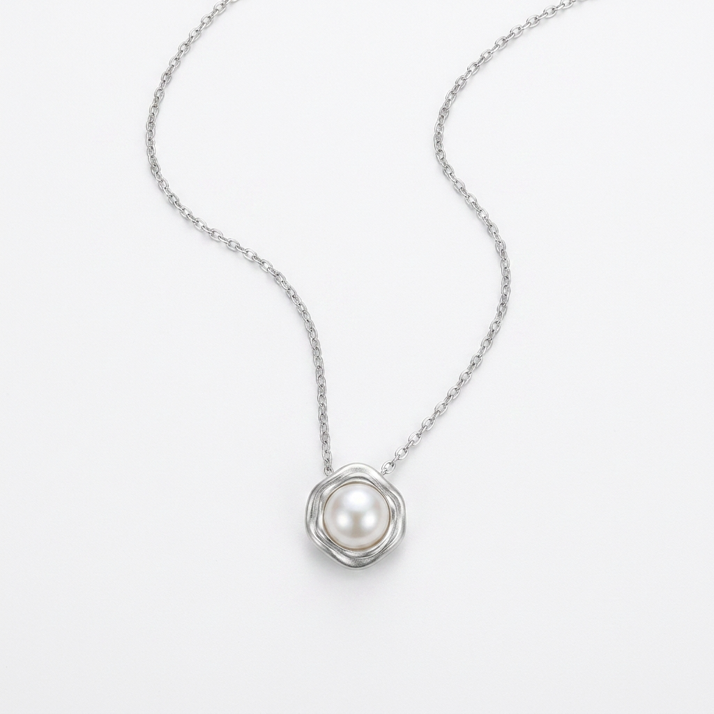 Close-up of silver color stainless steel faux pearl flower pendant necklace – Velara