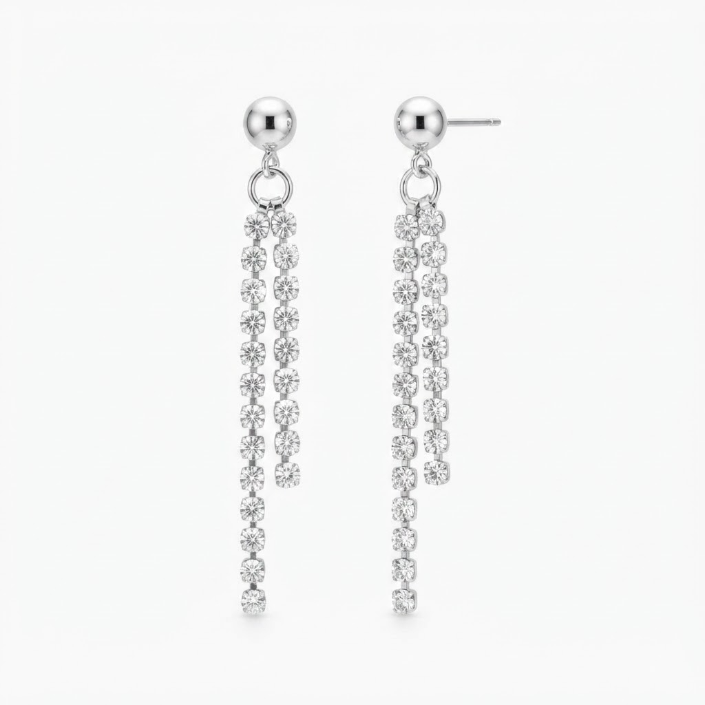 Silver-toned ball stud earrings with double crystal fringe drops - elegant earrings with graduated crystal chain dangles - jewelry product photo