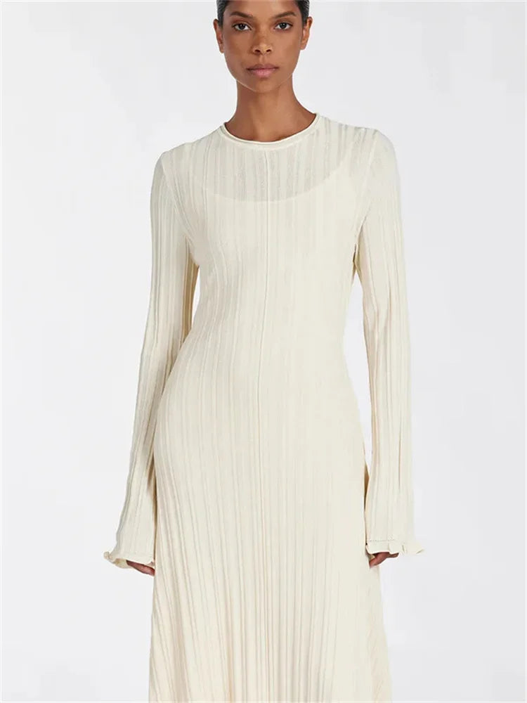 Beige ribbed knit dress, side view