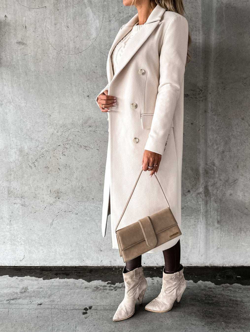 Beige double-breasted coat, full length