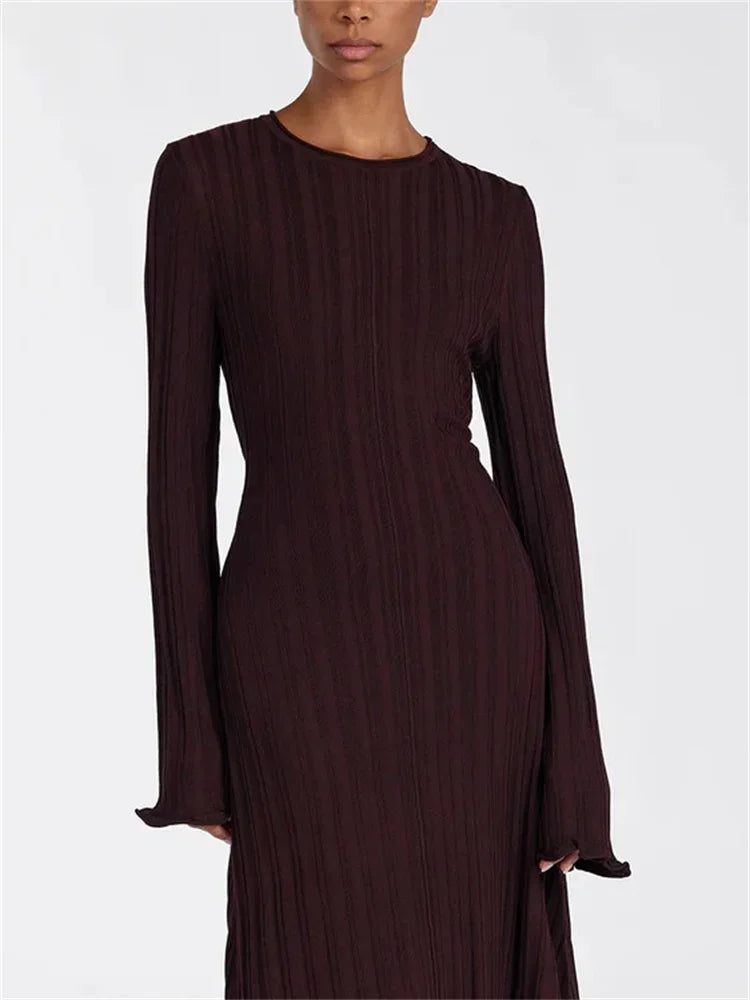 Brown ribbed knit dress, close-up side view