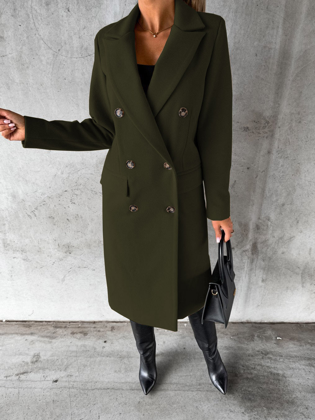 Olive green double-breasted coat, full length