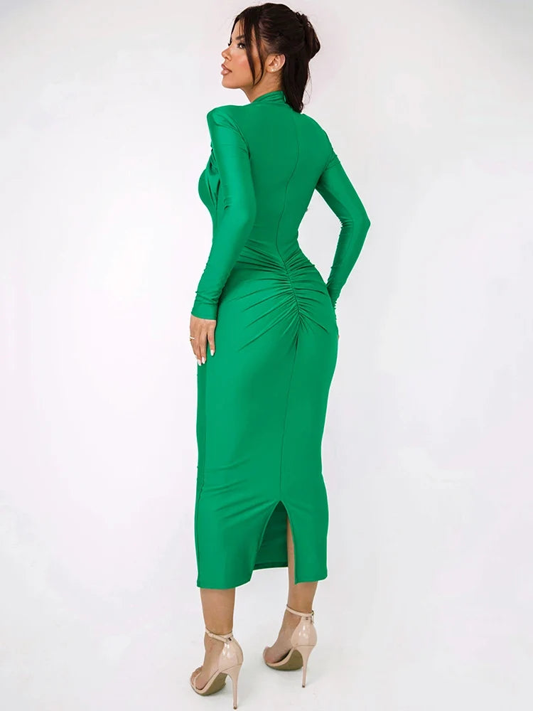 Kelly green midi dress with high mock neck, ruched back waist and center slit back view - Velara UK