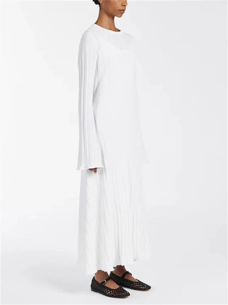 White ribbed knit dress, side view