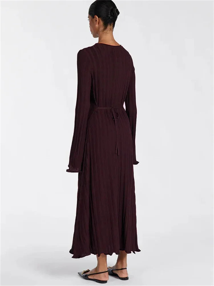 Brown ribbed knit dress, back view