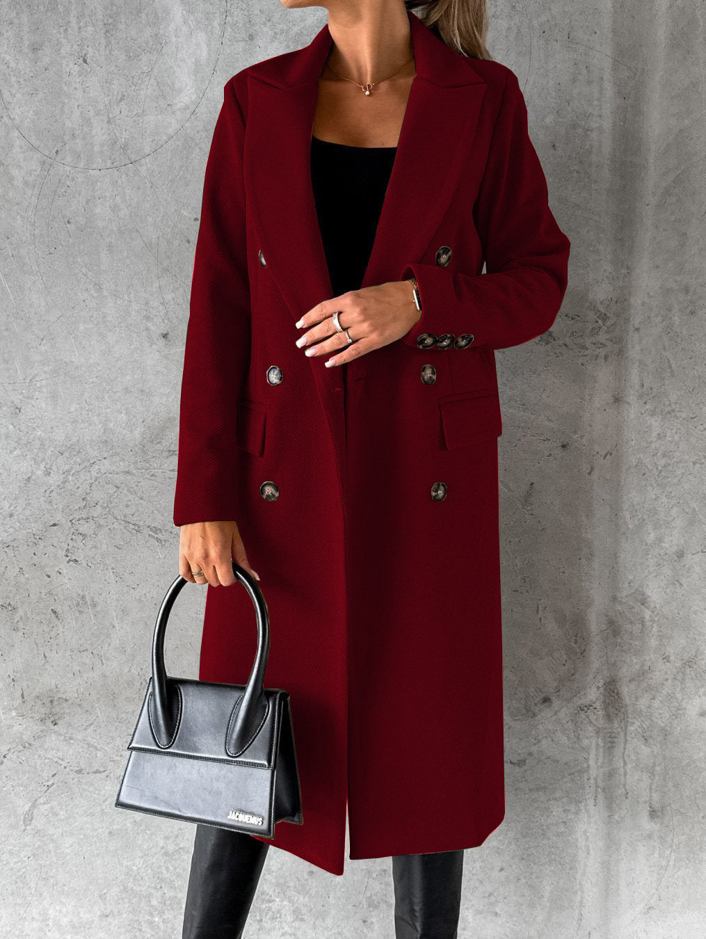 Burgundy double-breasted coat, full length