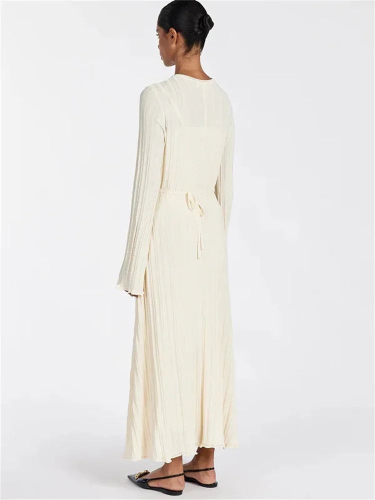 Beige ribbed knit dress, back view