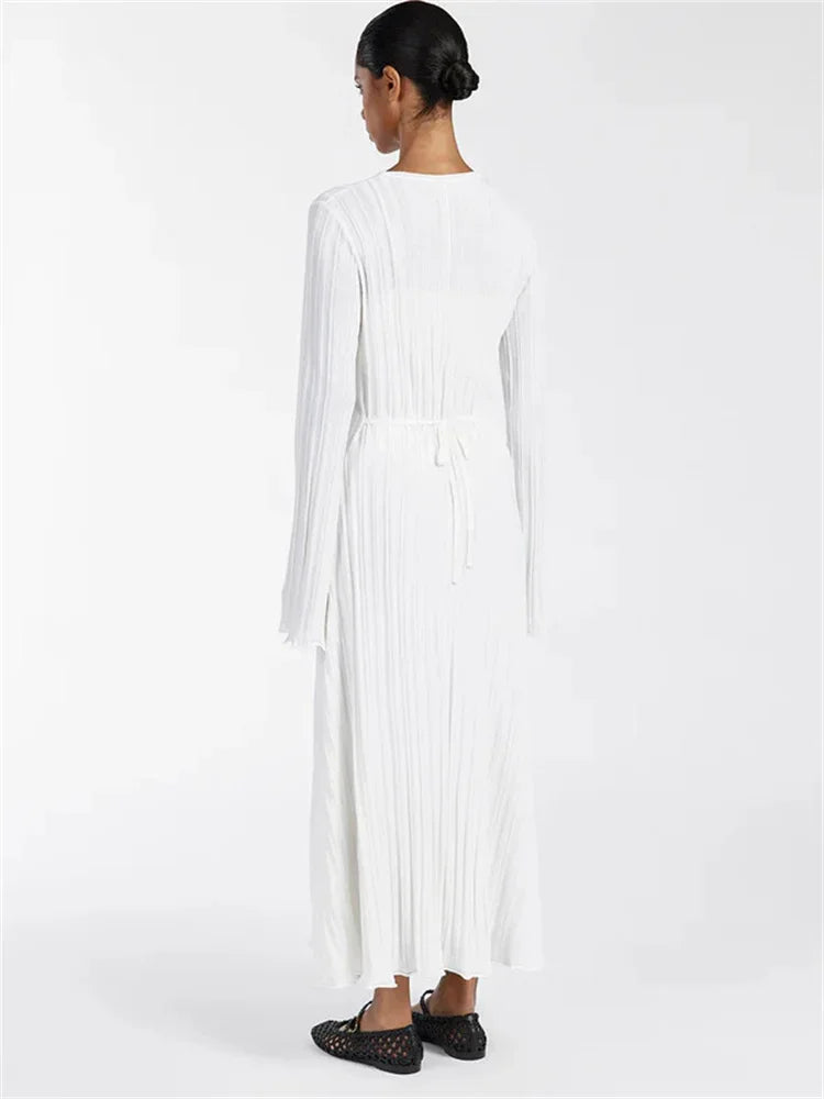 White ribbed knit dress, back view