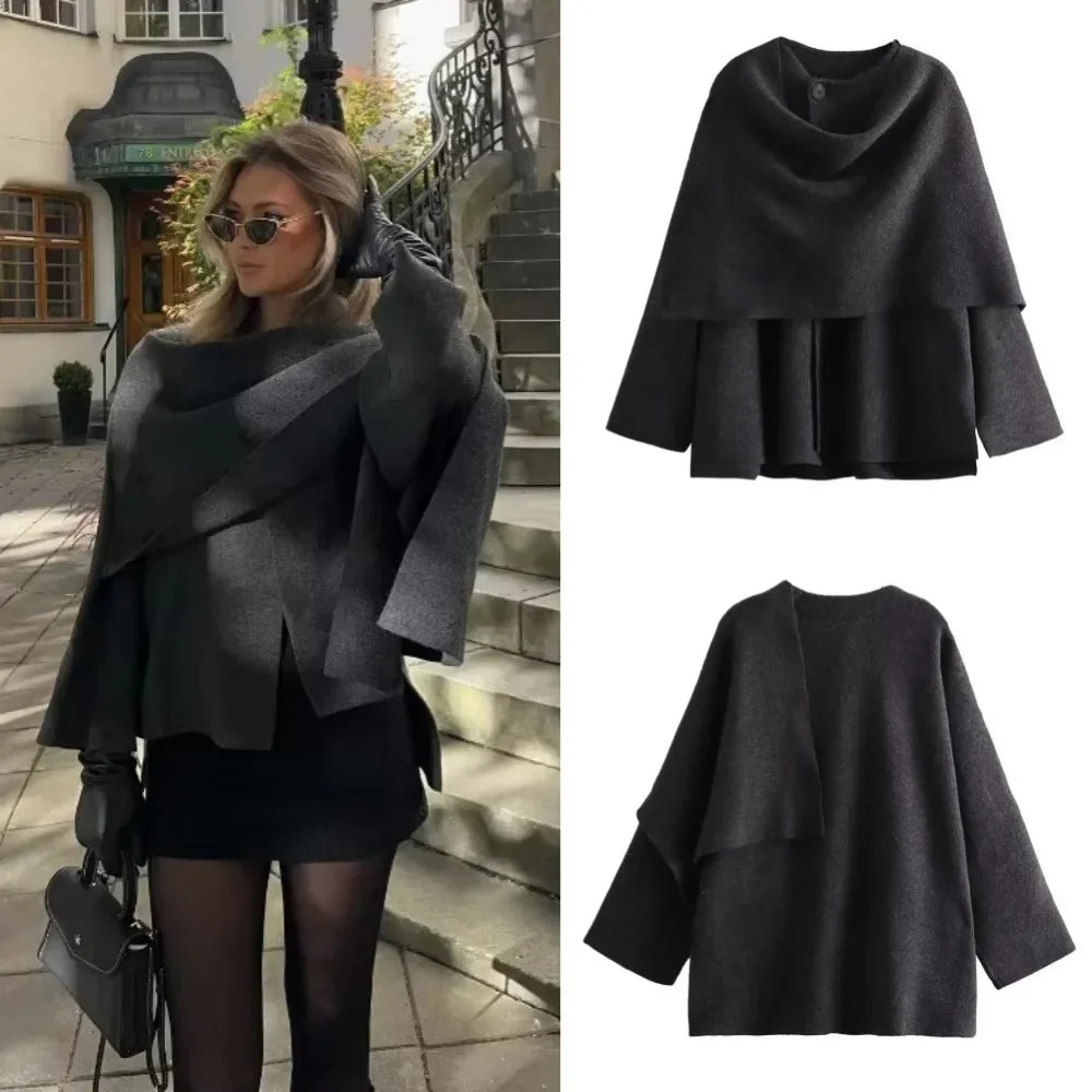 Dramatic wool blend cape jacket with asymmetric draping and oversized silhouette front view - Velara UK