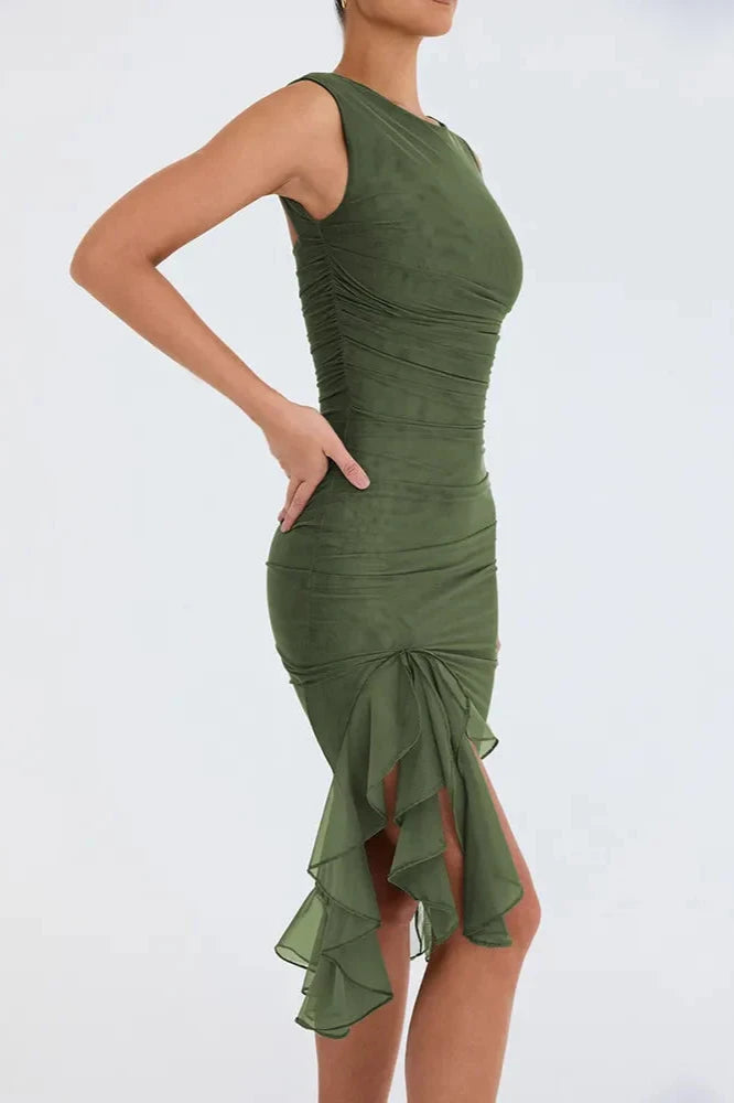 Olive green ruffled midi dress, front view