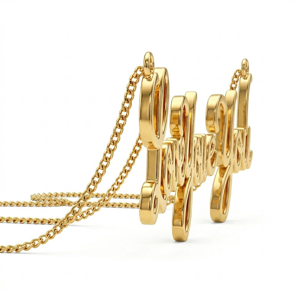 Side view of Love You gold plated script pendant showing chain detail