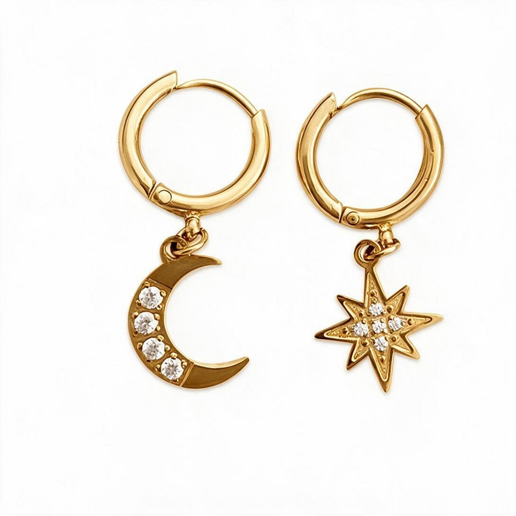 Gold-tone hinged hoop earrings with dangling moon and star charms set with clear crystals, studio white background
